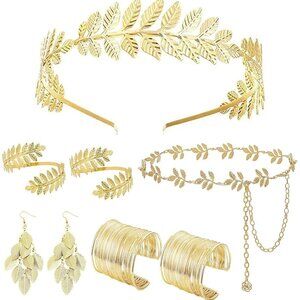 Greek Goddess Costume Accessories Set with Gold Leaf Crown Waist Chain Jewelry